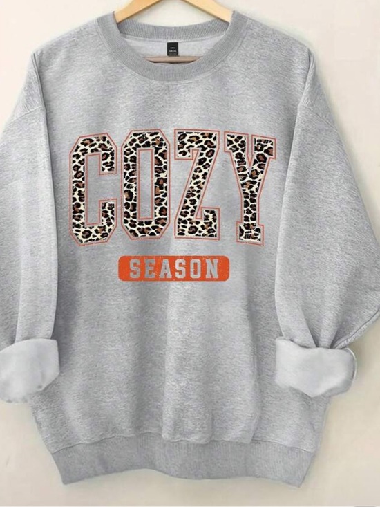 Sweaters - Cozy Season Women's Gray Pullover Sweatshirt with Leopard Print